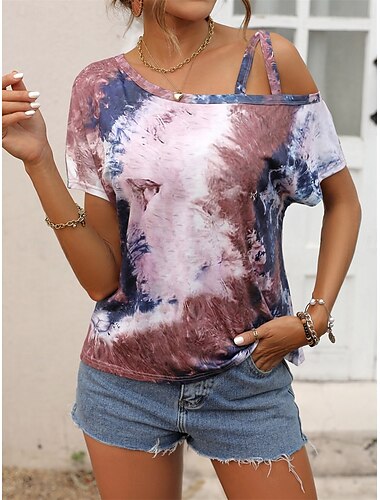  Damen T Shirt Batik Modisch Modern Brautkleider schlicht Kurzarm Asymmetrischer Hals Normale Oberteile Täglich Wochenende Regenbogen Sommer Frühling