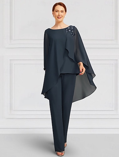  Tweedelig Broek Tot de grond Moeder van de bruid jurk Lange mouw Met sieraad Elegant Formeel Bruiloft gast Chiffon Wrap inbegrepen met Kant Geplooid Effen kleur
