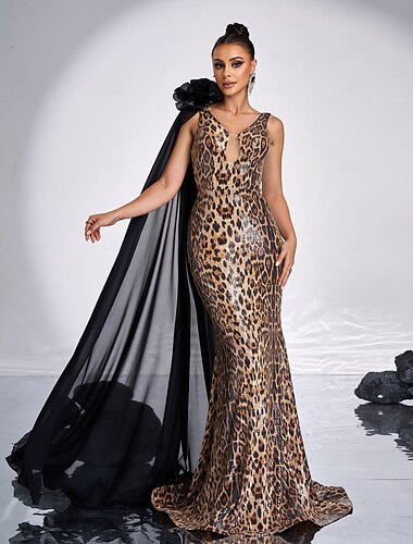  Meerjungfrau/Trompete Abendkleid Leopardenmuster elegantes Kleid Karneval formell bodenlang ärmellos V-Ausschnitt Polyester mit Schulterblume 2025