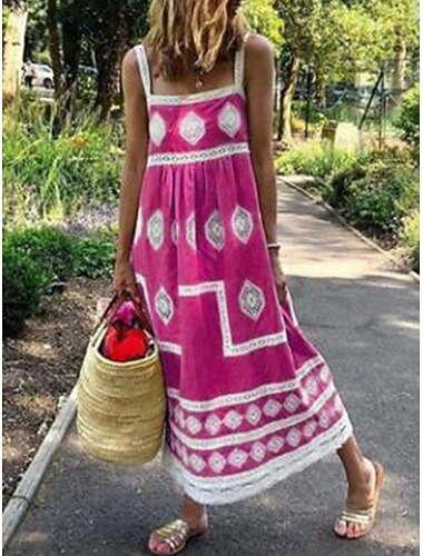  Női Maxiruha hétköznapi ruha Boho elegáns ruhák Boho ruha Csehország aranyos stílus Stílusos Vakáció Napi Tengerpart Laza öltözet Grafika Ujjatlan Szögletes Sárga Rubin Lóhere Nyár