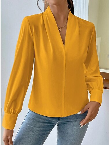  Dam Skjorta Blus Ensfärgat Stylish Ledigt Långärmad Naggad hals Vanliga toppar Dagligen Vit Gul Blå Grön Beige Sommar Vår Höst