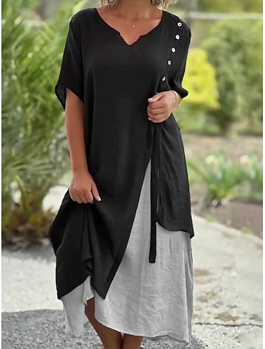  Femmes Robe Midi Robes inspirées du lin Élégant ancien Basique Vacances Quotidien Date Coupe Ample Bloc de Couleur Manche Courte Col en V Noir Bleu Été Printemps Automne