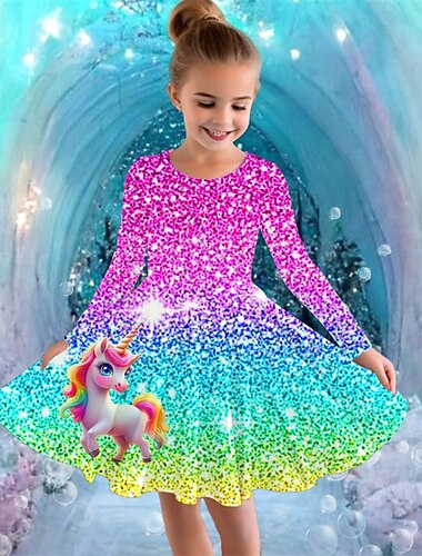  Flickor 3D Grafisk Enhörnings Klänning Långärmad Sommar Vår Semester Dagligen Helgdag Prinsessa Skön Ljuv Barn 4-12 år Vardagsklänning A linjeklänning Knälång Normal