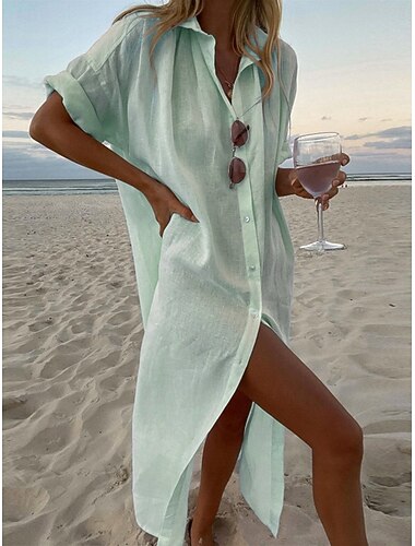 Dames Maxi-jurk Katoenmengeling Shirtjurk Casual jurk Basic Casual Dagelijks Vakantie Normale pasvorm Effen Lange mouw Overhemdkraag Wit Lichtgroen Blozend Roze Zomer