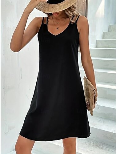  Femme Mini robe robe noire Robe casual Robe à enfiler mode basique Décontractées Vacances du quotidien Standard Plein Sans Manches A Bretelles Noir Marron Eté