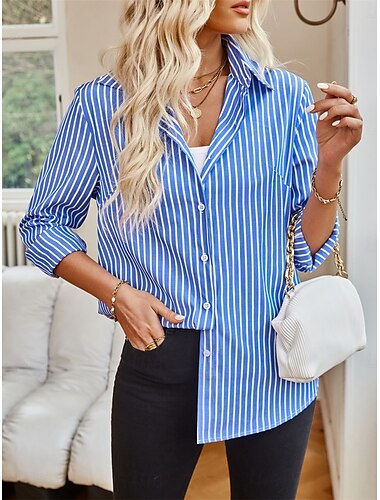  Damen Hemd Bluse Gestreift Elegant Täglich Stilvoll Langarm Hemdkragen Normale Oberteile Arbeit Täglich Festtage Knopf Bedruckt Weiß Blau Sommer Frühling Herbst