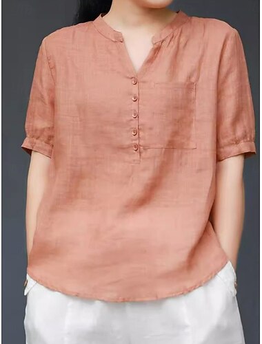  Dames Overhemd Blouse Katoenen linnen overhemden Effen Kleur Basic Casual Korte mouw Gekerfde nek Normale tops Dagelijks Knop Zak Marineblauw Oranje Zomer Lente