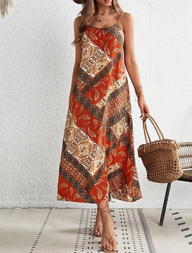  Women's Mini Dress Petite Dress Summer Dress Boho Dress Cami Dress Bohemia Hawaiian Stylish Vacation Daily Date Regular Fit Graphic Sleeveless Crew Neck Red Summer