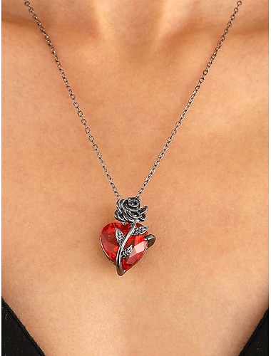  colar feminino com pingente de coração vermelho e design de rosa preta – joias românticas góticas para o dia dos namorados, festas e ocasiões especiais