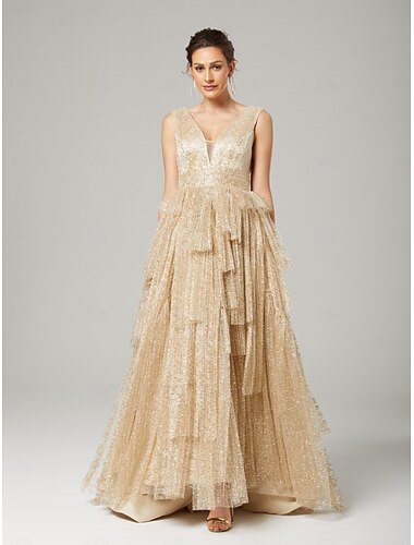  Robe de Soirée Trapèze Robes de bal Elégant Robe Formel Fête scolaire Longueur Sol Sans Manches Col V Tulle avec Ruché 2025