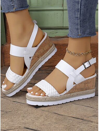  sandali da donna con zeppa nera con plateau in sughero, cinturino intrecciato e fibbia regolabile per le uscite estive casual