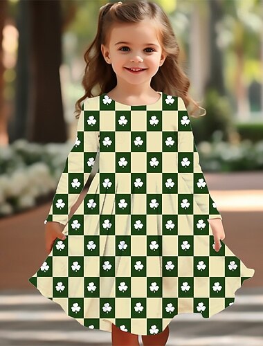  Святой Патрик Девушки ' 3D Графика Четырехлистный клевер Платье Длинный рукав Лето Весна Отпуск Повседневные Праздники Принцесса Красивый Милая Дети 4-12 лет Повседневное платье Платье A-силуэта