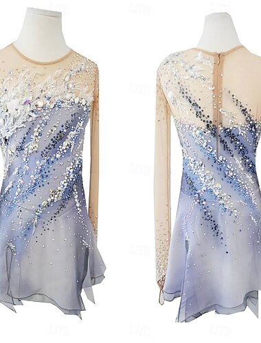 Kunstschaatsjurk Dames Voor meisjes Schaatsen Jurken Grey+Wit Duimopening halo-verf Hoge Elasticiteit Professioneel Wedstrijd Kunstschaatskleding Thermisch Warm Kristal / Bergkristal Lange mouw