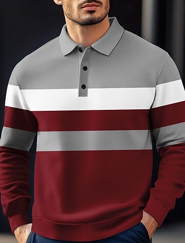  Herren Streifen Rugby-Poloshirt Zopfstrick-Poloshirt Langarm Polo-Shirts Hemden mit Kragen Lässig Outdoor Athleisure 3D-Druck Frühling Herbst Winter Rote Blau Braun