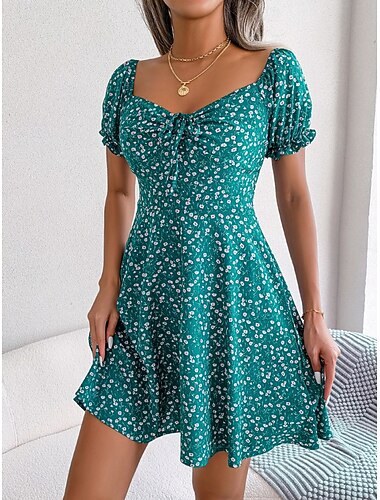  Per donna Mini abito Abito casual Abito linea A Moda Informale Da mare Giornaliero Standard Floreale Manica corta Squadrata Rosso Verde Estate Primavera