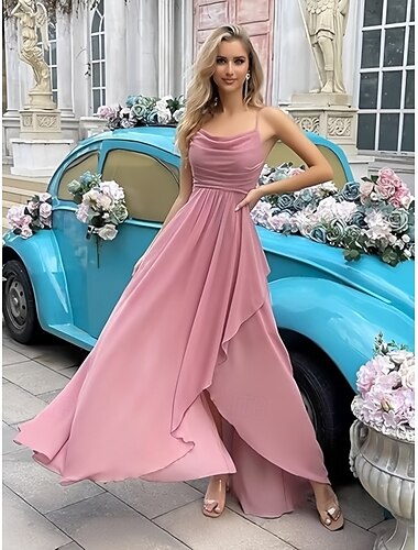  A-Linie Brautjungfernkleid Spaghettiträger Ärmellos Elegant Asymmetrisch Chiffon mit Geteilter Vorderteil / Raffung 2022