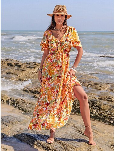  Damen kleid lang Casual kleid Elegant Brautkleider schlicht Heim Party Neujahr Regular Fit Blumen Kurzarm V Ausschnitt Gelb Sommer Frühling Herbst Winter