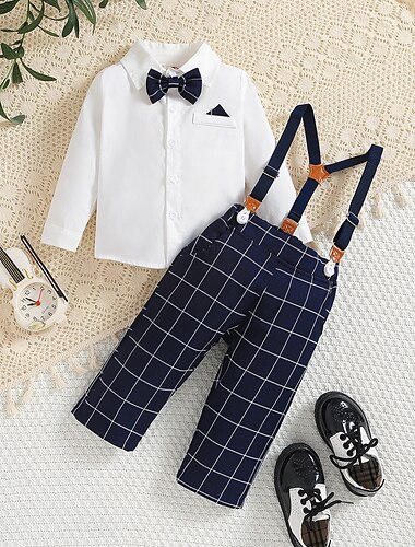  Para Meninos 3D Xadrez Camisa & Calças Manga Longa Primavera Outono Casual □ Gentil Bébé 1-5 anos Decote V Escola Ao ar livre Ajuste Largo