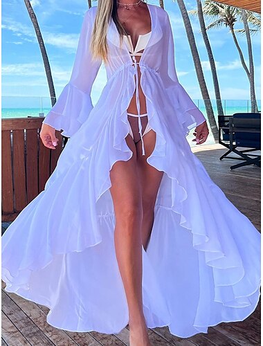  Wearables de Playa para Mujeres Cubierta de Baño Vestidos Trajes de Baño Cuerda de Ajuste Ropa de Playa Sencilla de Manga Larga