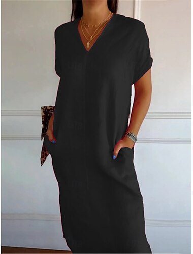  Femmes Robe Midi Robes en coton et lin Robe Décontractée Basique Occasionnel Vacances Quotidien Coupe régulière Couleur Unie Manche Courte Col en V Noir Vert Été
