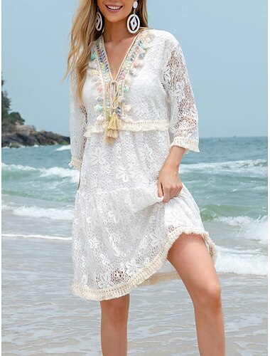  Mulheres Roupa de Banho Cobertura Vestido de Banho roupa de banho Renda Com Corte Férias Roupa de Praia Tecido Manga Longa Fatos de banho