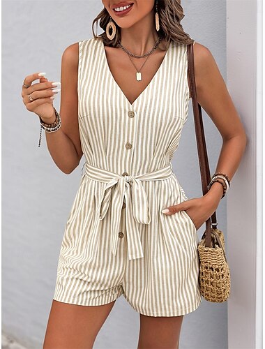  Femme Normal Combishort Actif Rayé Sans Manches Col V Boutons Poche Vacances du quotidien Ample Kaki Bleu clair Eté
