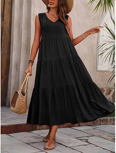  Mujer Vestido maxi Vestido informal Vestido de Columpio Vestido de una línea Elegante Básico Casual Vacaciones Diario Ajuste regular Plano Sin Mangas Escote en Pico Negro Amarillo Rojo Fucsia Verano