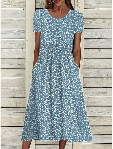  Dames Halflange jurk Bloemetjesjurk Zomerjurk Jurk met print Modieus Streetwear Modern Buiten Dagelijks Afspraakje Ruim Passend Bloemig Ditsy bloemen Korte mouw Strakke ronde hals Marineblauw