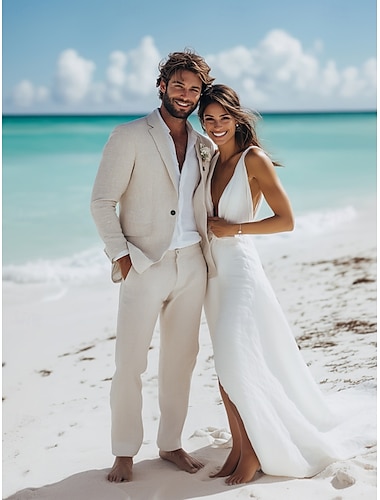  De los hombres Boda Trajes de Lino Azul cielo Gris Ligero Diario Ligeras Color sólido Estándar Juego de 2 piezas Recto 1 botón