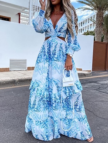  Femme robe longue Robe casual Robe Trapèze Robe d'été robe boheme Elégant mode Vacances du quotidien Rendez-vous Standard Floral manche longue Col V Jaune Bleu Violet Vert Eté Printemps