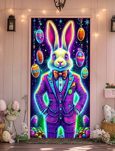  زينة أبواب عيد الفصح أغطية أبواب أرانب وبيض سجادة باب ستارة زينة خلفية للأبواب الداخلية/الخارجية لواجهة المنزل