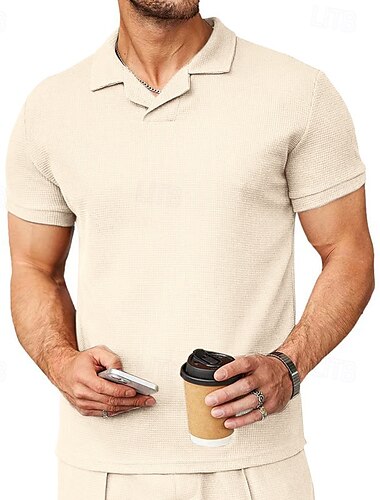  Homme Tee Shirt Golf Polo en tricot gaufré Entreprise Actif Collier cubain Manche Courte Mode Moderne Couleur unie Boutons Eté Printemps Standard Noir Blanche Bleu Kaki Gris Tee Shirt Golf