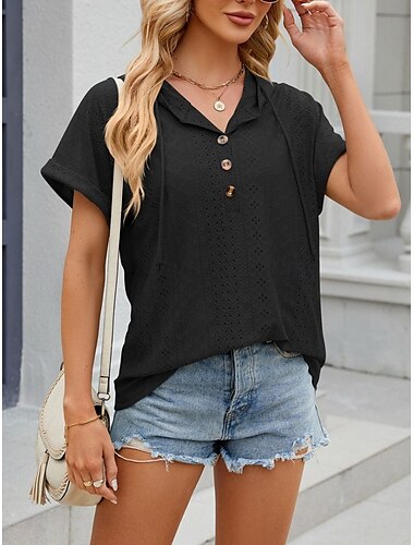  Femme T shirt Plein basique Décontractées Manche Courte Col V Hauts réguliers du quotidien Fin de semaine Boutons Œillet Noir Blanche Rose Claire Rose Eté