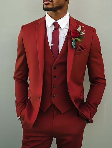 Trajes de boda para hombres rojos fiesta formal verano color sólido ajuste estándar 3 piezas con botones de un solo pecho