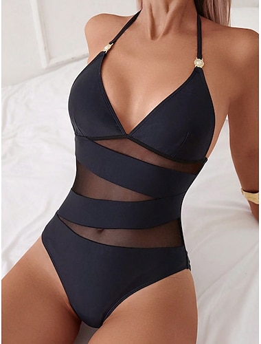  Dames Zwemkleding Een stukje Monokini Zwempak Netstof Blote rug Buikcontrole Hoge taille Slank Vakantie Strand Kleding Effen Kleur V-hals Mouwloos Badpakken