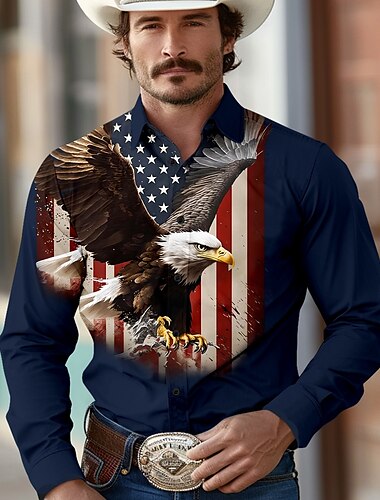  Per uomo Aquila Bandiera americana Camicia occidentale Camicia da cowboy Manica lunga Occidentale Sportivo Primavera Autunno Collo ripiegabile Abbottonare Nero Bianco Rosso Blu scuro Grigio
