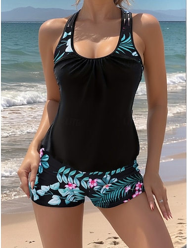  Femmes Maillots de Bain Tankini 2 pièces Shorts Maillot de bain Dos nu Contrôle du ventre Taille haute Mince Vacances Tenues de plage Fleuri Graphique Col en U Sans manches Maillots de bain
