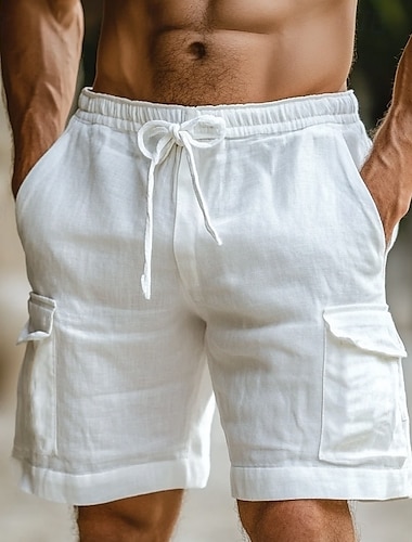  Hombre Pantalón Corto Cargo Pantalón corto Pantalones cortos de lino Pantalones cortos de verano Pantalones cortos de playa Correa Cintura elástica Multi bolsillo Plano Comodidad Transpirable
