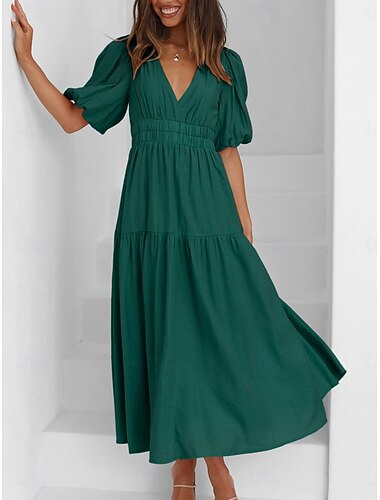 Damen Maxidress Casual kleid A Linie Kleid Stilvoll Basic Brautkleider schlicht Urlaub Täglich Regular Fit Glatt Halbe Ärmel V Ausschnitt Grün Beige Sommer Frühling