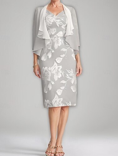  Два предмета Силуэт  Колонна Платье для матери невесты Элегантное Винтажное V-образное горло Чайной длины Шифон Цветочное Кружевная аппликация 3/4 рукав с Рюшами Платье для день скачек