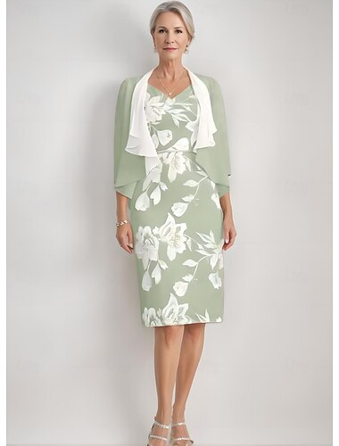  Conjunto de Dos Piezas Vestido Corte  Columna Madre de la Novia Elegante Vintage Cuello V Hasta La Rodilla Chiffon Encaje Floral Aplicaciones Manga 3/4 Con Chaqueta Con Volantes Vestido Derby Fiesta