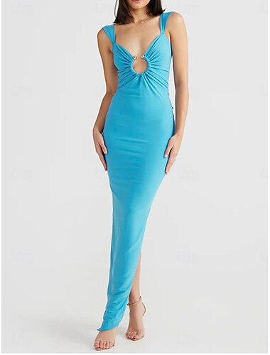 Damen Maxidress skims dress Elegant Stilvoll Brautkleider schlicht Urlaub Täglich Regular Fit Glatt Ärmellos Gurt V Ausschnitt Weiß Blau Sommer