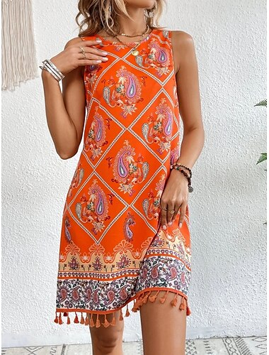  Női Mini ruha hétköznapi ruha Boho elegáns ruhák Ujjatlan ruha Boho ruha Csehország Alkalmi Boho Vakáció Napi Tengerpart Laza öltözet Paisley Ujjatlan Terített nyak Égszínkék Narancssárga Tavasz