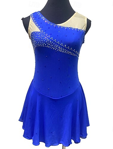  Eiskunstlaufkleid Damen Mädchen Eislaufen Kleider Blau Patchwork Asymmetrischer Saum Gitter Spandex elastisch Ausbildung Praxis Professionell Eiskunstlaufkleidung Kristalle Ärmellos Eiskundstlauf