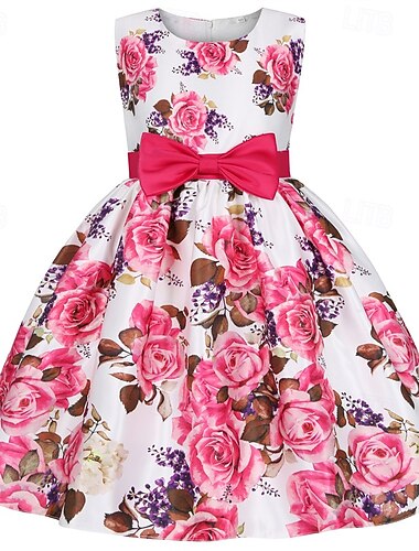  kinderkleidung Mädchen Party Kleid Blumen Ärmellos Leistung Geburtstag Krawattenknoten Schön Süß Baumwolle Knielang abendkleider Schaukelkleid A Linie Kleid Sommer 4 Jahre + Rosa Rote Rosenrot