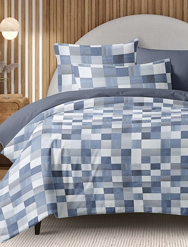  Blauer Bettbezug aus 100 % Baumwolle mit geometrischem Gittermuster – aus hochwertiger Baumwolle gefertigt, mit stilvollem Gittermuster für einen modernen Look. Atmungsaktiv, weich und langlebig