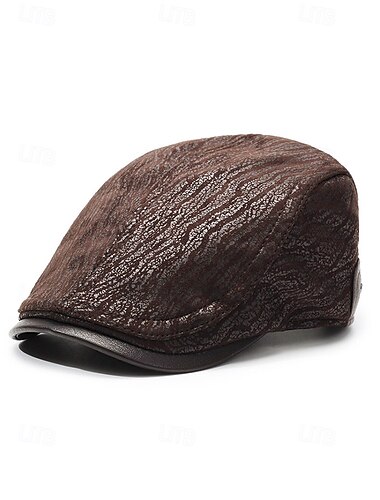  boina vintage marrom com padrão texturizado e aba de couro sintético, boné estiloso e plano para homens, perfeito para uso casual, direção e atividades ao ar livre