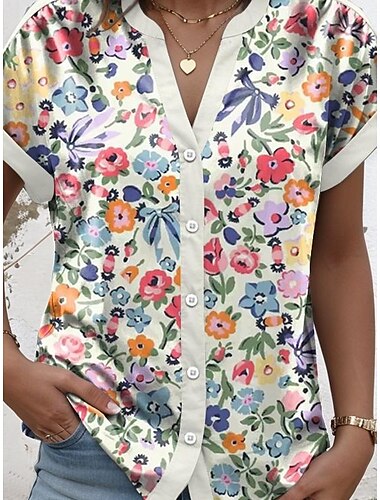  Camicia da Donna Floral Grafica Quotidiana Moderna Casual con Maniche Corte Collo a V Collo Intaccato Top Regolari per Lavoro Quotidiano Bottoni Stampa Bianca Estate Primavera