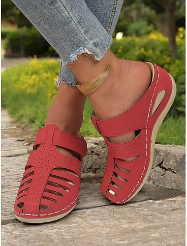  Rote Damen Slip-On Keilpantoletten mit Cut-Out-Design und bequemer Sohle – lässige Sommerschuhe für den Alltag und Outdoor-Aktivitäten