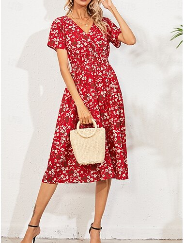  Dam Midiklänning Vardagsklänning Swingklänning A linjeklänning Stylish Ledigt Semester Dagligen Normal Blommig Kortärmad V-hals Svart Vit Gul Rodnande Rosa Sommar